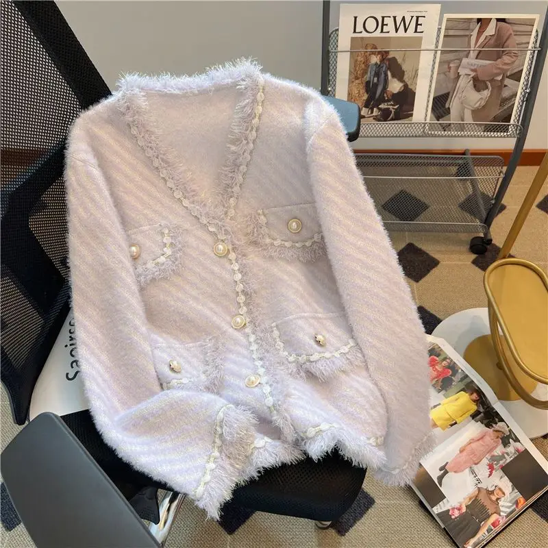 Korean Ladies Solid Color Tops Autumn Winter Thin Fashion Knitting Cardigan Sweet Long Sleeve Sweaters Loose Women\'s Clothing