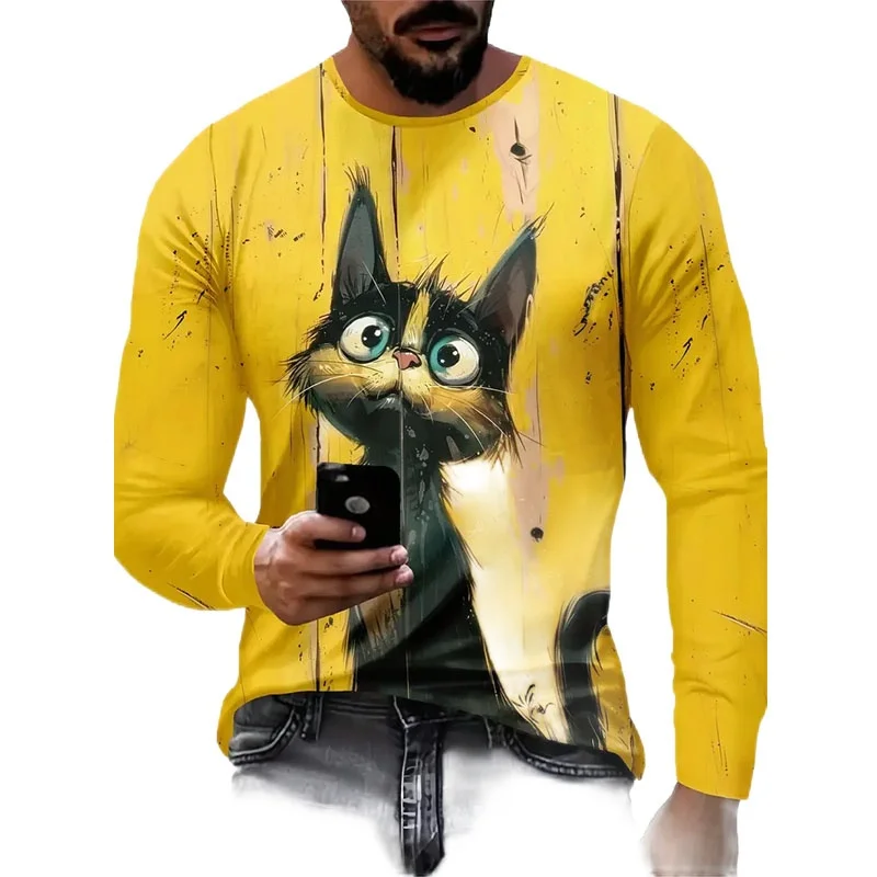 Tiger Cat Dog Pattern T-Shirt For Men Funny Animals 3D Printed T Shirts Autumn Casual Loose Round Neck Tops Tees Long Sleeves