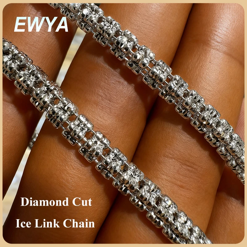 

EWYA 5mm Wide Diamond Cut Ice Link Chain Bracelet s925 Silver Plated 18k Party Adjustable Length Necklace With 5cm Extension