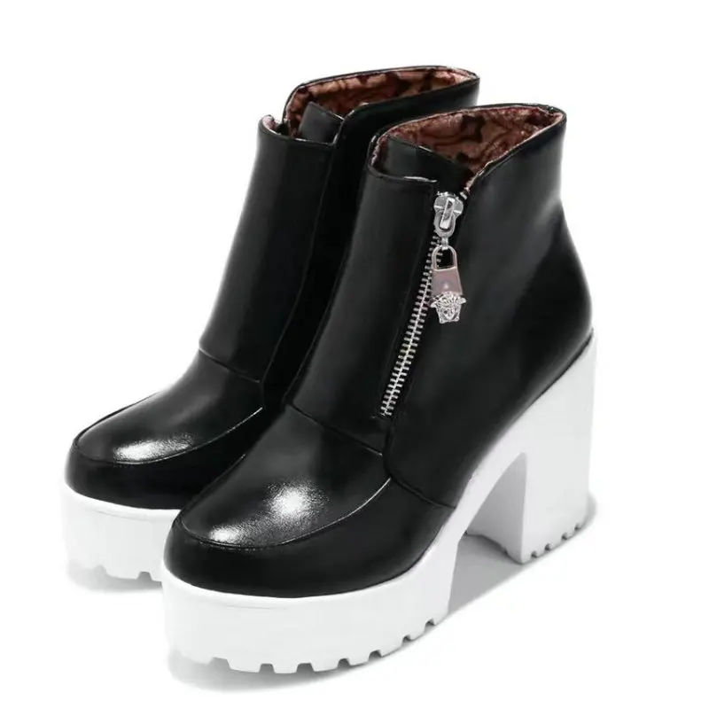 

Простая белая, черная повседневная женская зимняя обувь с круглым носком, мотоциклетные ботинки на квадратном массивном высоком каблуке с молнией и короткой платформой