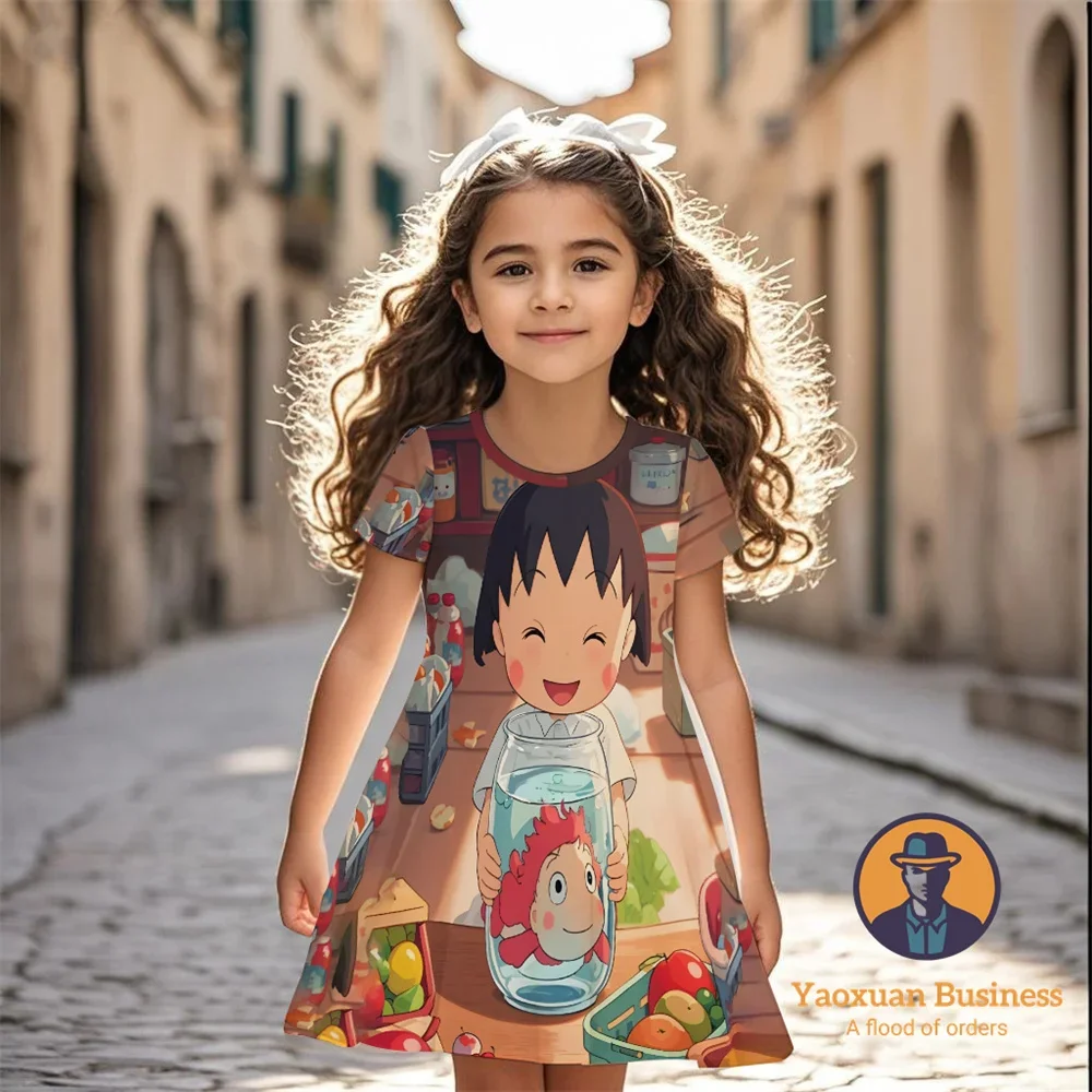 فستان أنيق مطبوع عليه رسوم كارتونية ثلاثية الأبعاد للفتيات من Ponyo لعام 2025، فستان صيفي لطيف ورائع جدًا ​