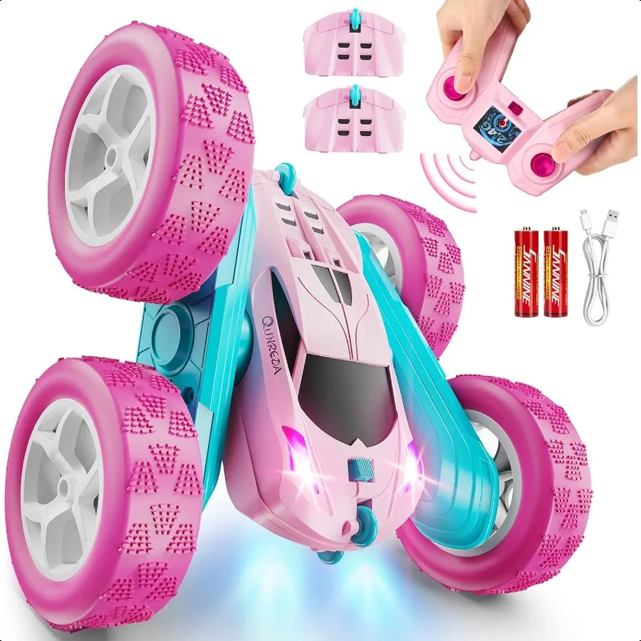 

RC Cars Pink Remote Control Car for Girls 2.4 GHZ Double Sided RC Stunt Car 360 Rotating Remote Control Crawler with Headlights