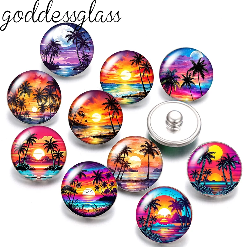 Tropical seaside sunset scenery Summer 10p 12mm/18mm/20mm/25mm Round photo glass cabochon flat back Making findings snap buttons
