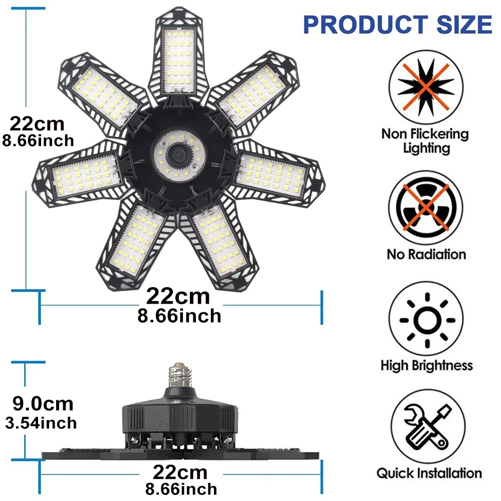 Deformable  Garage Lamp with 7+1 Panel  Ceiling Lighting Daylight 6500K Deformable Shop Light  Decor Workshop Basement