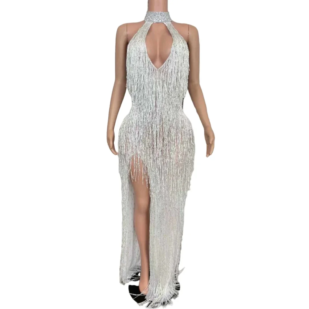 

Sexy Sleeveless Long Tassel Dress For Women White Elegant Birthday Queen Outfit Celebrate Evening Party Stage Wear