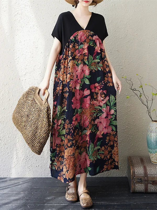 

Floral Print Loose plus Size Women's Dr V-Ne ort Sve Cover Belly Slimming High Waist Splice A-Line Long Dr
