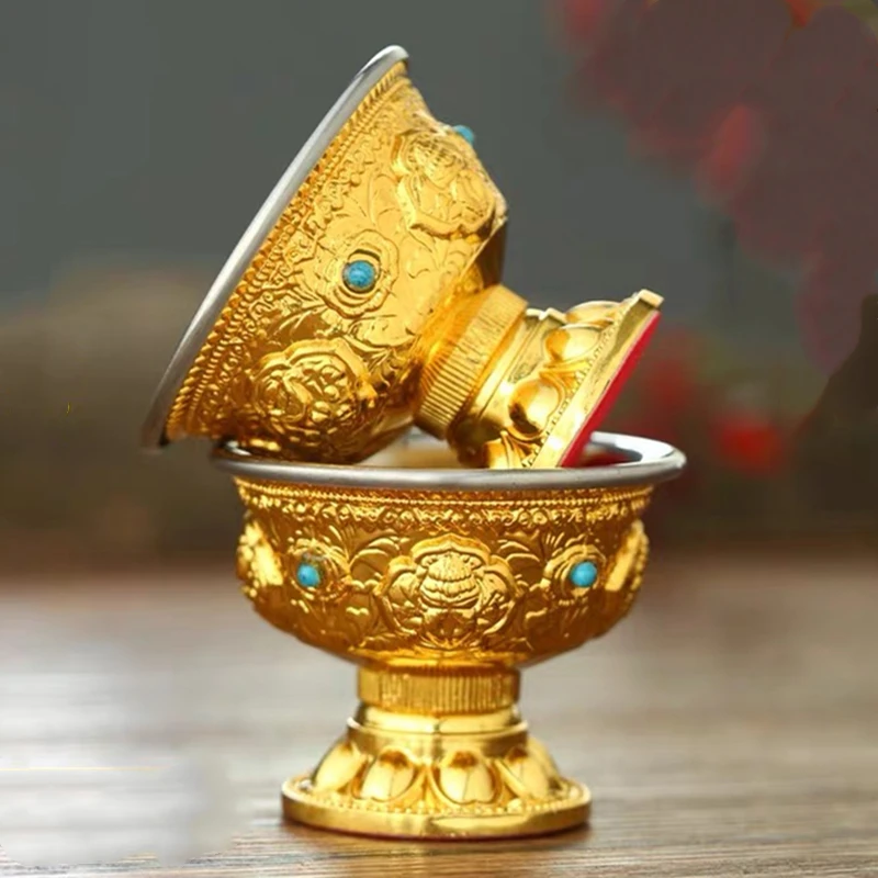 Auspicious Gilt Drinking Buddha Bowl, Inlaid Gem Zinc Alloy Holy Water Cup Buddhist Bowl Home's Gift Collection Decorative 150ml