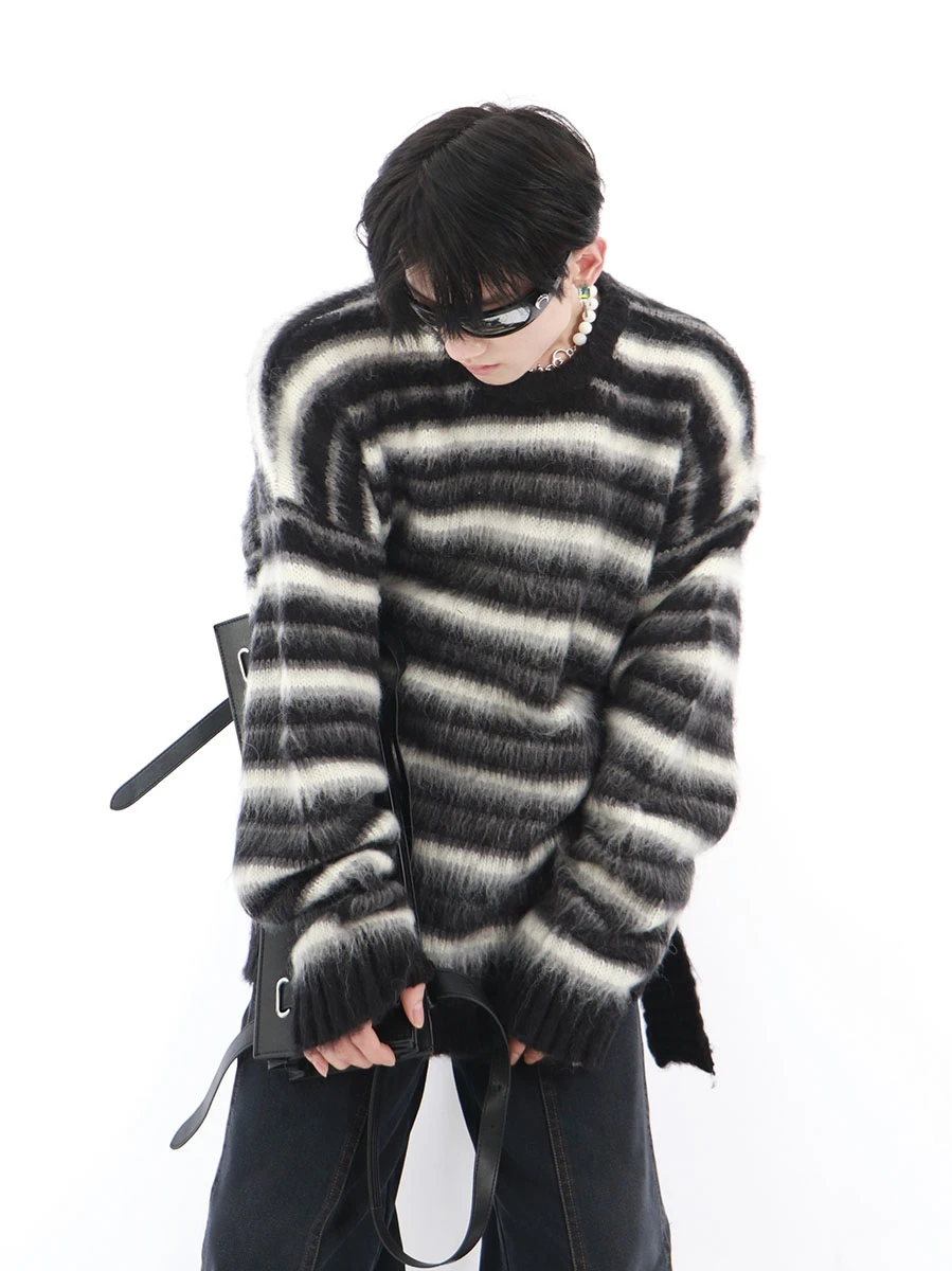 

CulturE23s Men's round Neck Sweater Stripe Pattern Loose Knitted Wool Blend Casual Fashion Winter Season Thickened Polyester