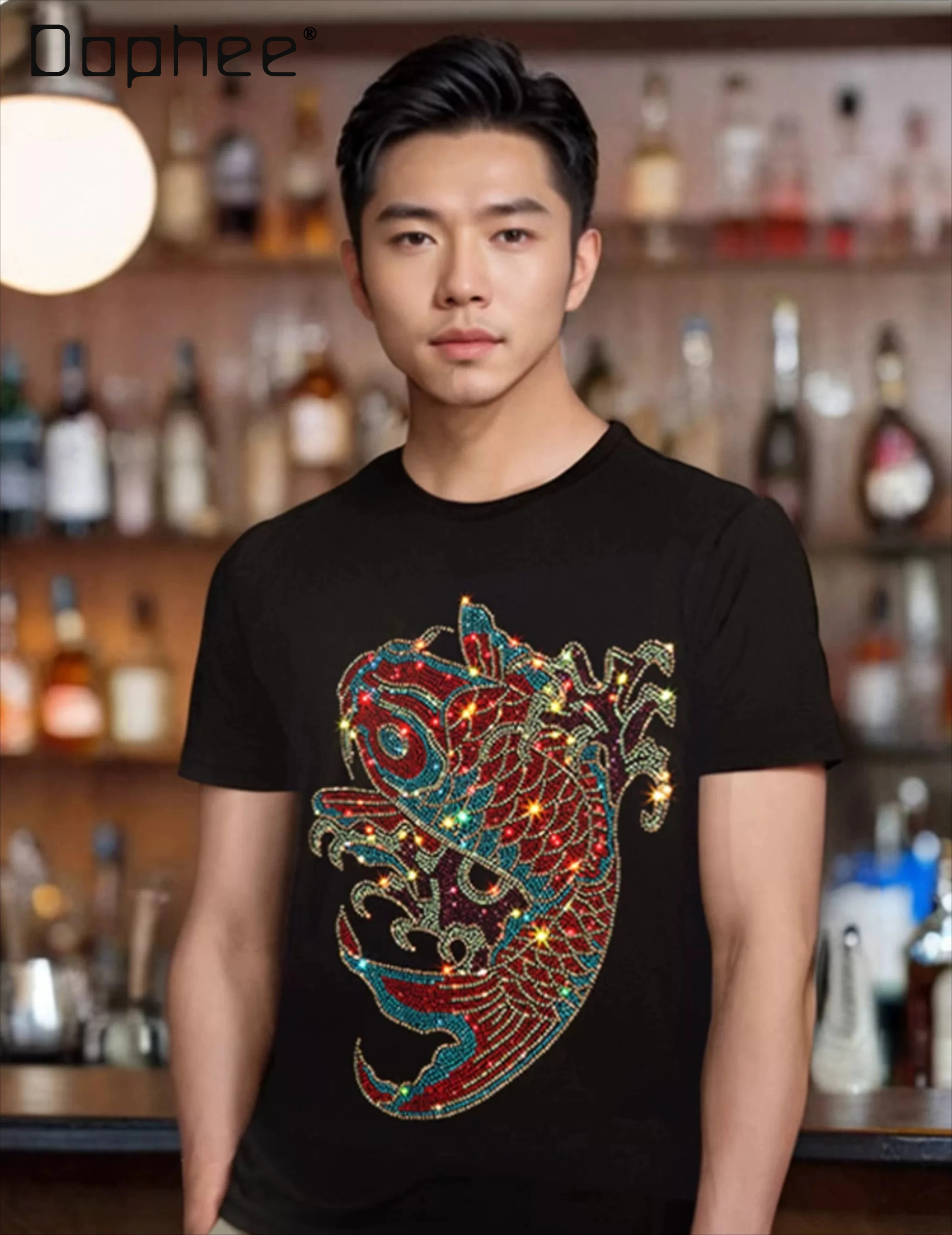 2026 Summer New Men Red Carp Rhinestone T Shirt Black White Casual Slim Fit Round Neck Short Sleeve Daily Fashion Tops