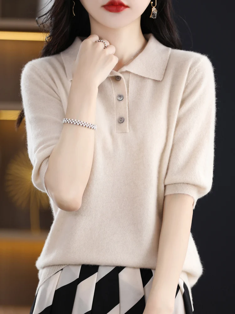 Spring Autumn Women Polo Collar Pullover Half Sleeve Thin Sweater 100% Merino Wool Knitwear Korean Casual Shirt Tops Clothing