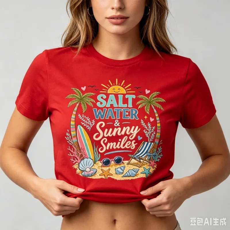 Salt Water Sunny Smiles Graphic T-Shirt 100% Cotton Women Short Sleeve Tee Summer Beach Vacation Casual Top