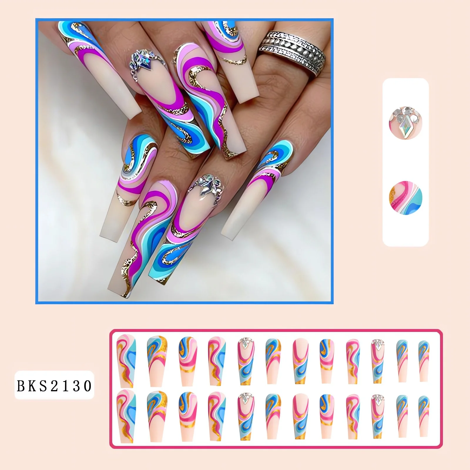 Glamorous Blue Gradient Nail Covers – Press-On Nail Tips Adorned with Shimmering Rhinestones