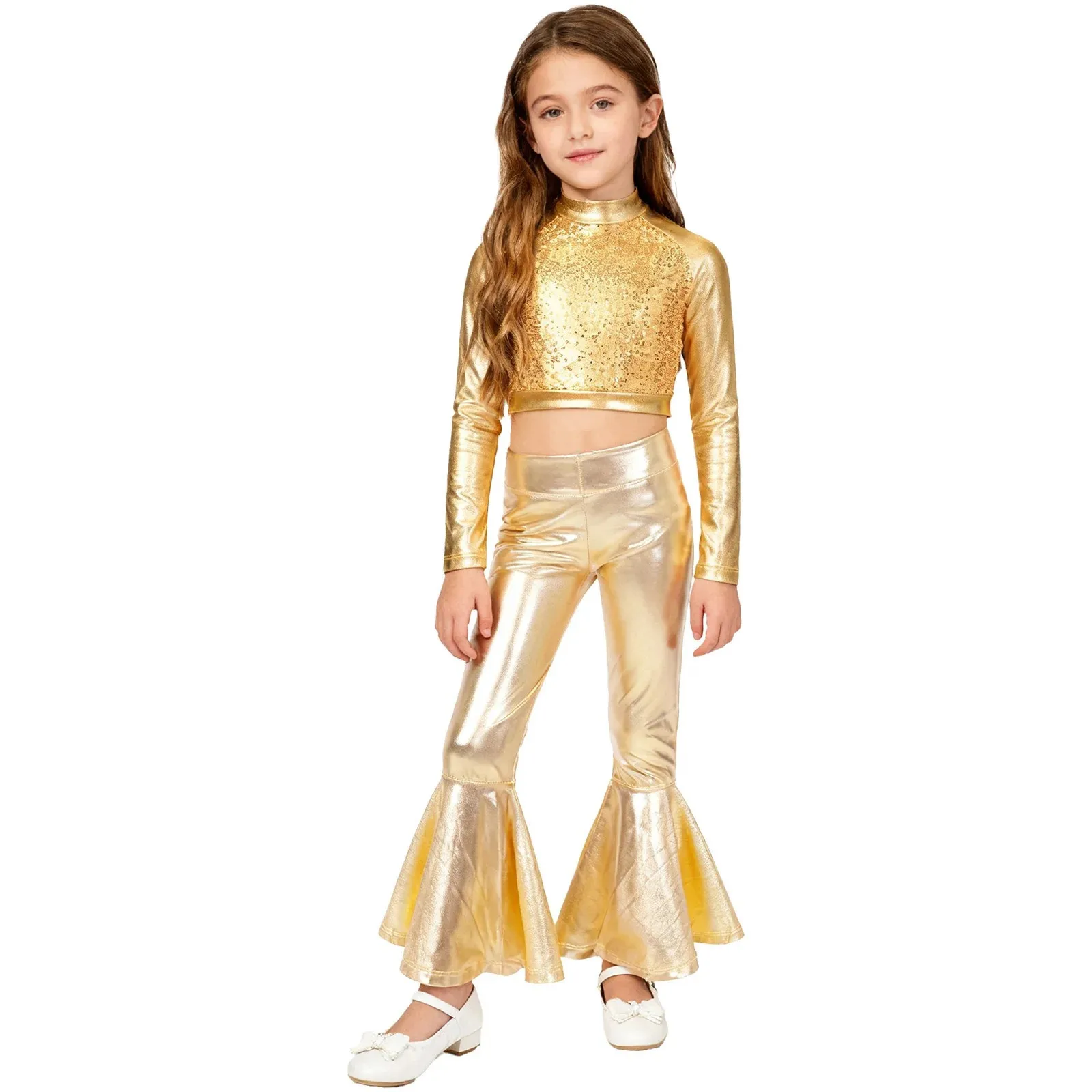 

Детские костюмы для джазовых танцев для девочек, одежда для латиноамериканских бальных танцев, укороченный топ с длинными рукавами, пайетками и металлическим блеском, а также брюки-клеш.
