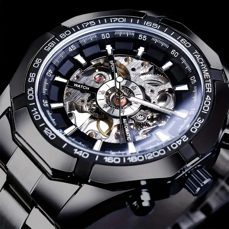 Luxurious Automatic Mechanical Watch for High-End Business Men in European and American Style, Featuring Skeleton Design - Stainless Steel Strap, Round Dial, Men's Watch, Automatic Movement, High-End Sporty Style, Skeleton Watch | Skeleton Watch | Stainless Steel Watch Case, the Preferred Gift Choice for Giving as a Gift.