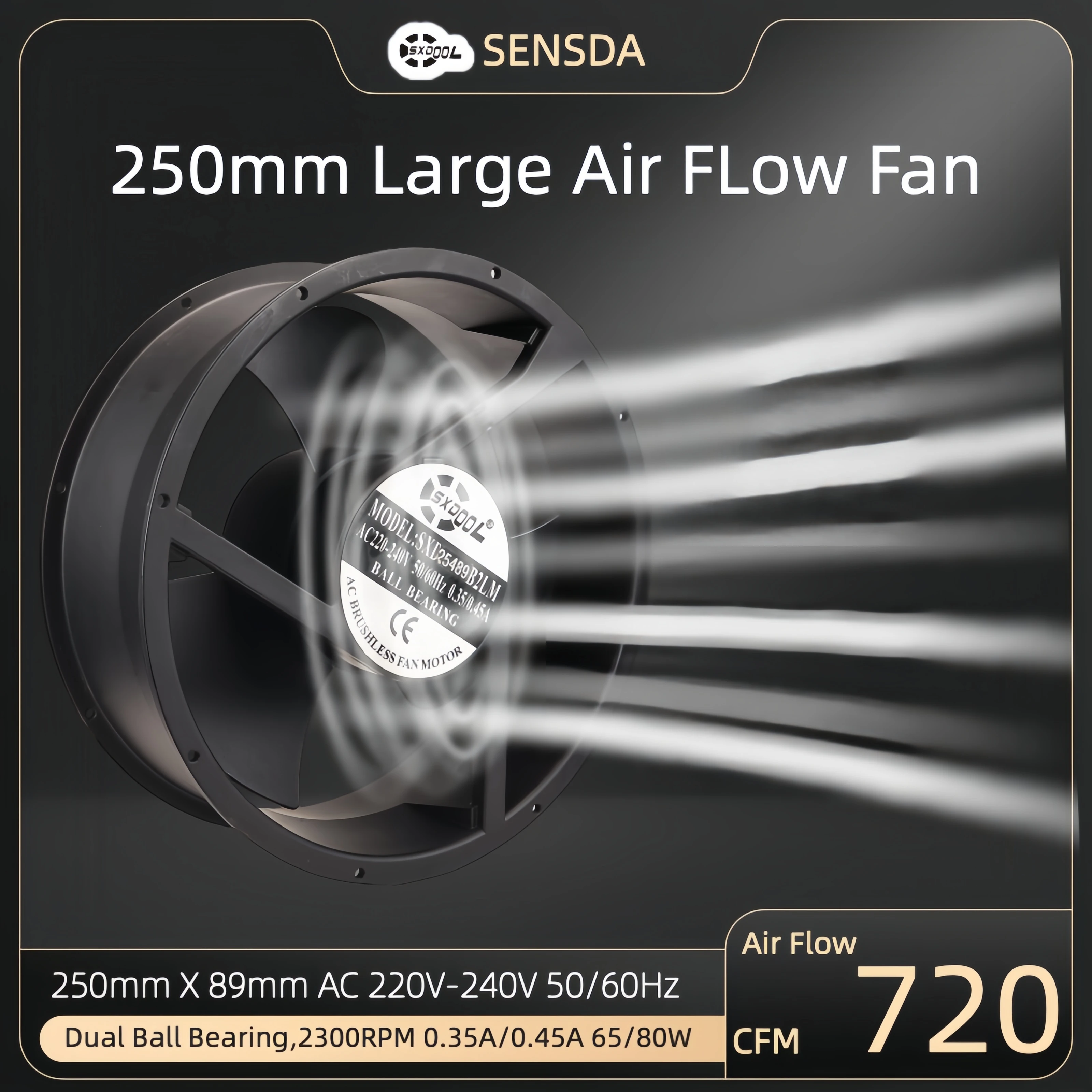 High-Performance 25CM Axial Fan 254mm x 89mm AC 220V 50/60Hz, 2300 RPM, 720 CFM, Dual Ball Bearing, Metal Frame, PBT Blades