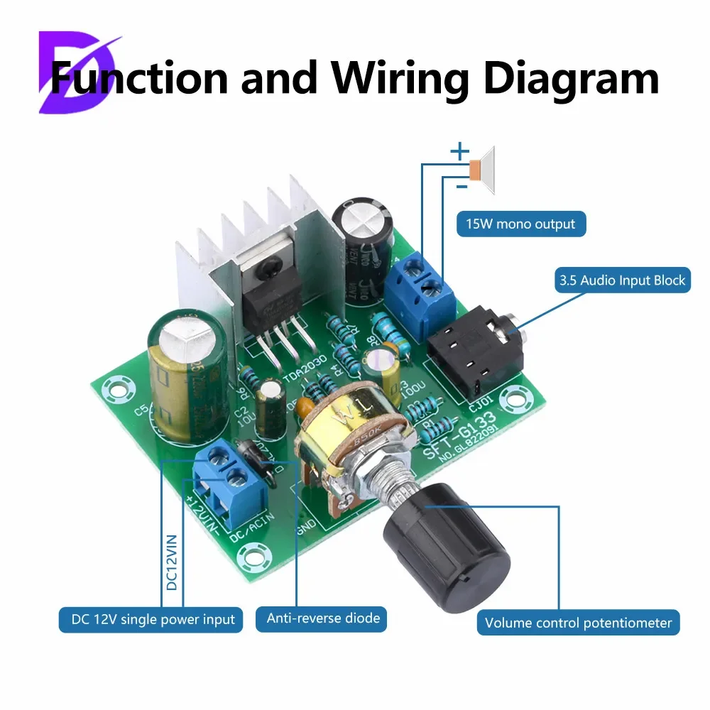 Placa amplificadora TDA2030A, módulo de Audio Digital Mono de 15W, amplio voltaje, entrada de 9-20V, fuente de alimentación única de 12V para proyectos de Audio