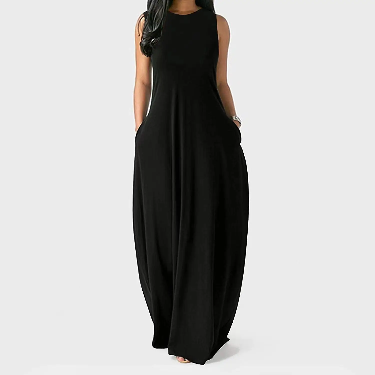 Women's Solid Color Sleeveless Round Neck Textured Pocket Loose Cocoon Maxi Dress Elegant Comfort Casual Trendy Versatile Dress