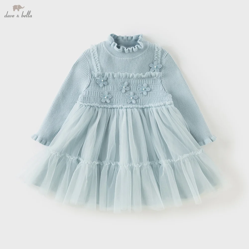 

Dave Bella Girls Sweater Dress Autumn Winter Long Sleeves Kids Cotton Plush Lace Mesh Dress Outerwear Children Clothes DB4243419