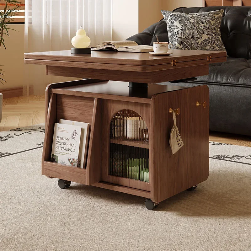 Solid wood multi-functional mobile cart coffee table tea table lifting living room folding tea table sofa dual-purpose small apa