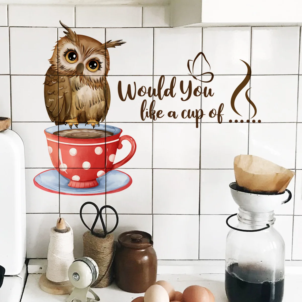 

20*40cm English Slogan Coffee Cup Owl Wall Sticker Background Wall Living Room Bedroom Study Decorative Wall Sticker Ms4254
