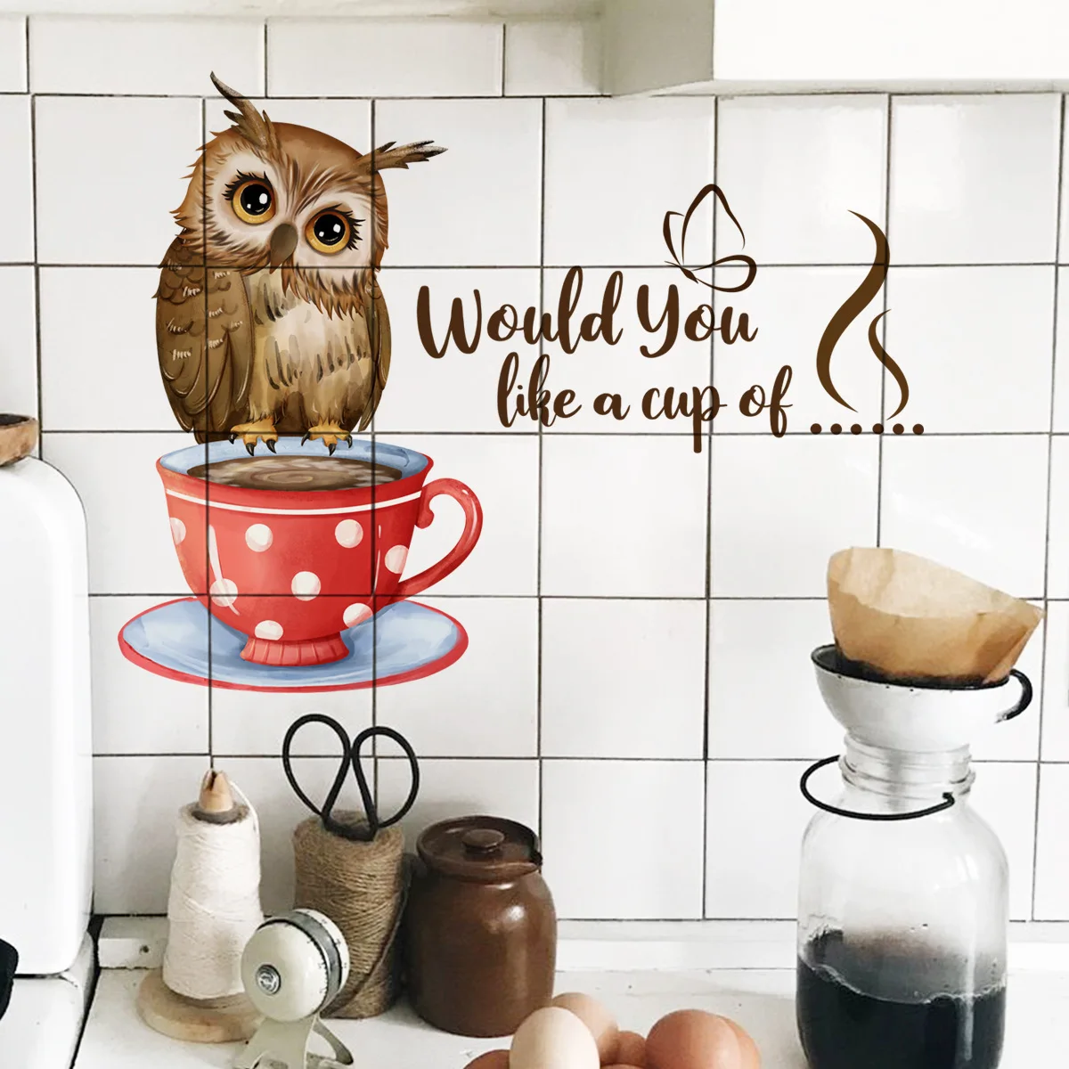 20*40cm English Slogan Coffee Cup Owl Wall Sticker Background Wall Living Room Bedroom Study  Decorative Wall Sticker Ms4254