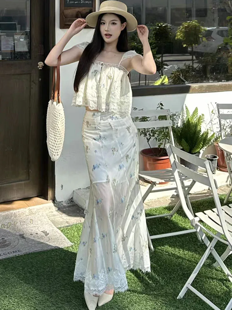 HH Donna Estate Moda Dolce Pizzo Ricamato Fiore Della Bretella Breve Top Senza Maniche + Vita Alta Temperamento Gonna Lunga Set Mujer