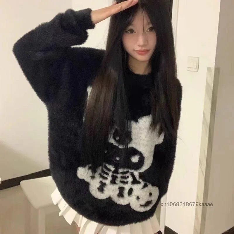 Sanrio Kuromi Soft Plush Cute Sweater Female Autumn Winter Trendy Sweet Y2k Girl Pullovers Korean Version Versatile Knitted Top