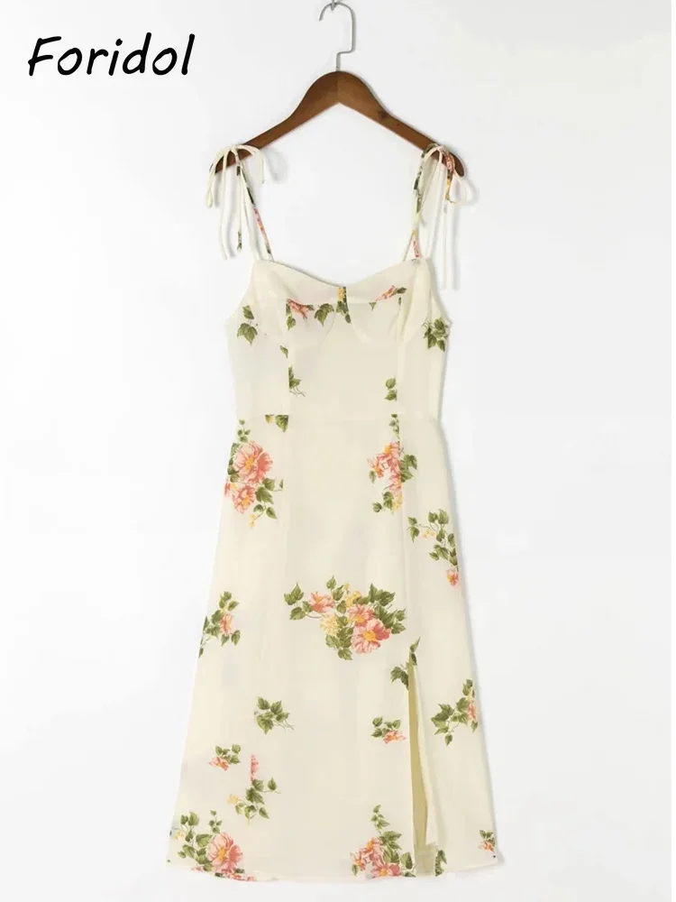 Spaghetti Strap Lace Up Beige Chiffon Summer Dress Sexy Slip Midi Sleeveless Dress Robe Big Flower Print Women Beach Dress Boho