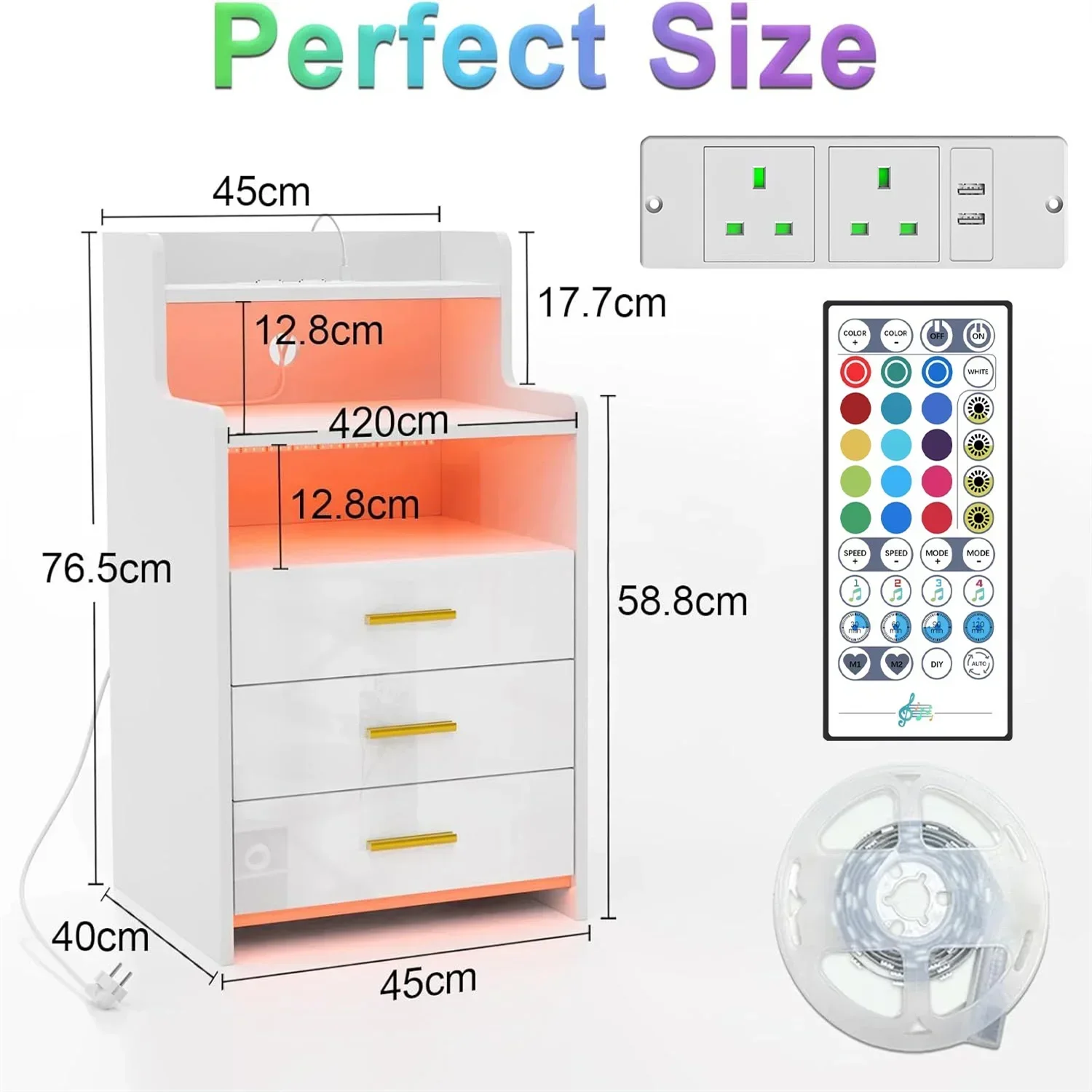 Nightstand With Drawers Wood Bedside Desk with Lighting Sofa Bed Side Table Charging Station 2AC/2USB 6 Layers Modern Nightstand