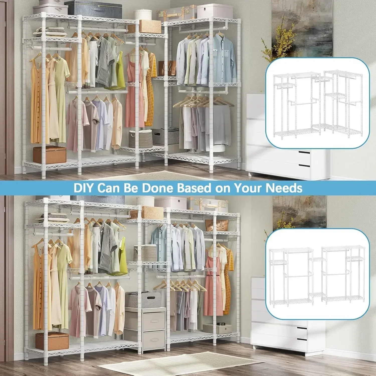 رف الملابس V2i، نظام الخزانة المحمول 2 قضبان تعليق مع 4 أرفف قابلة للتعديل لتعليق الملابس