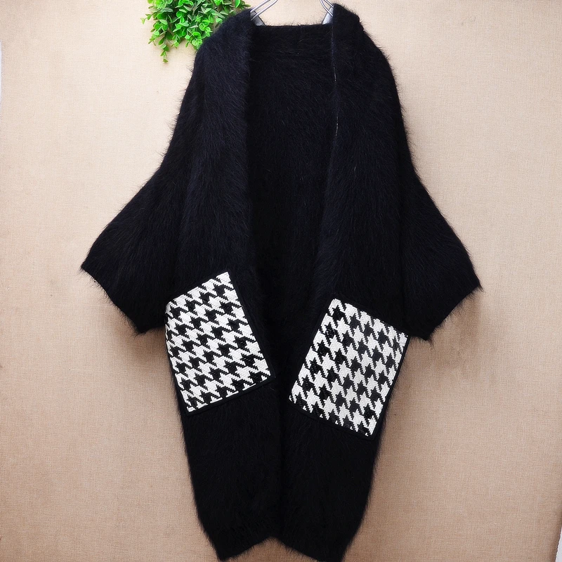 

Pull Femme женская одежда осень-зима черный волосатый норковый кашемировый вязаный свитер с короткими рукавами и капюшоном кардиган куртка пальто