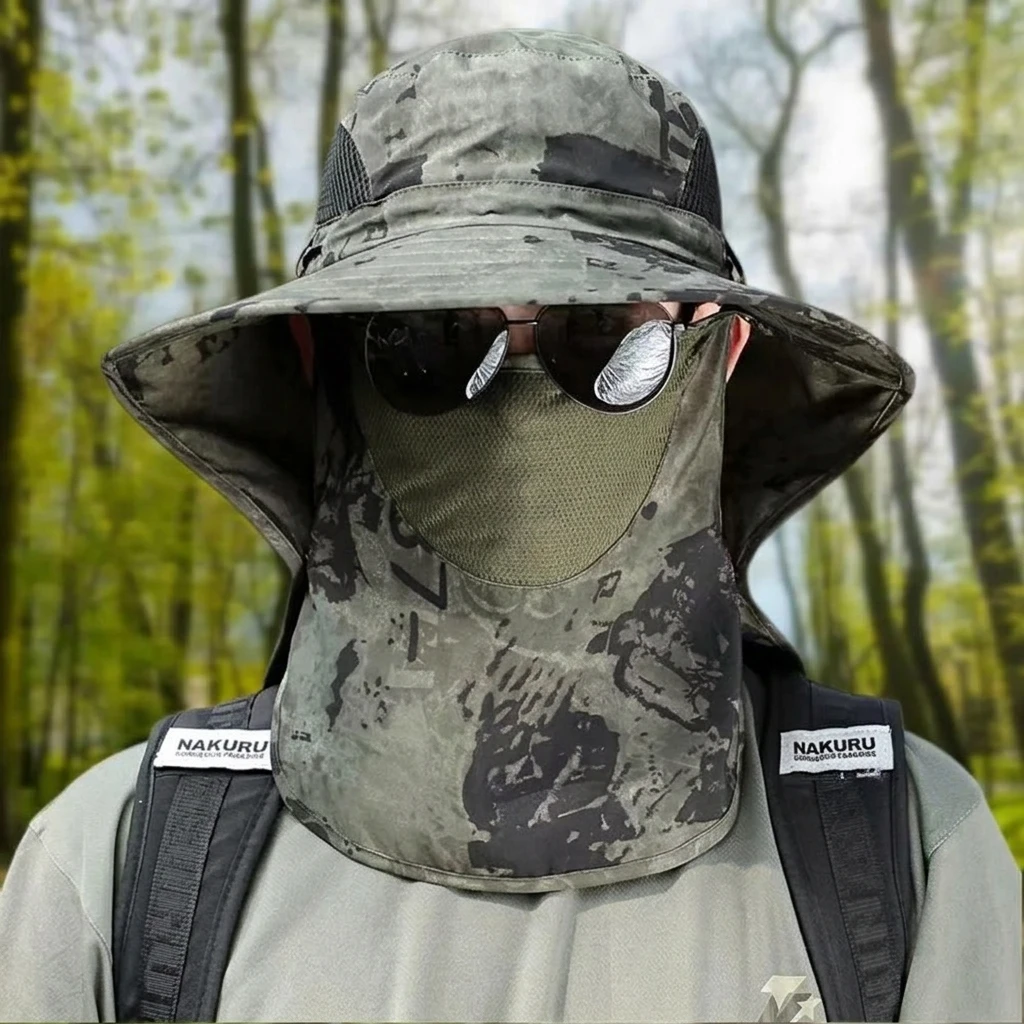 Outdoor Hiking Sun Hat UPF50+ Protection Wide Brim Fishing Cap Waterproof Quick Dry Men's Camouflage Headwear Travel Gear