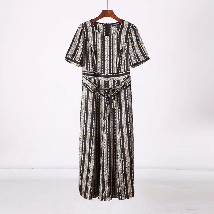 

Elegant Lady Summer Striped Wide Leg Short Sleeve Onesie High End Brand Pantsuit 720043 Commute Style mid Waist Long Pants