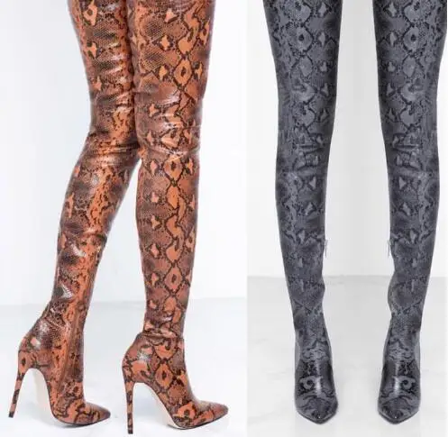 Size 48 Women Sexy Burgundy Orange Gray Python Snakeskin Leather Slim Pointed Toe Thin Heels Over The Knee Thigh Long Boots Shoe