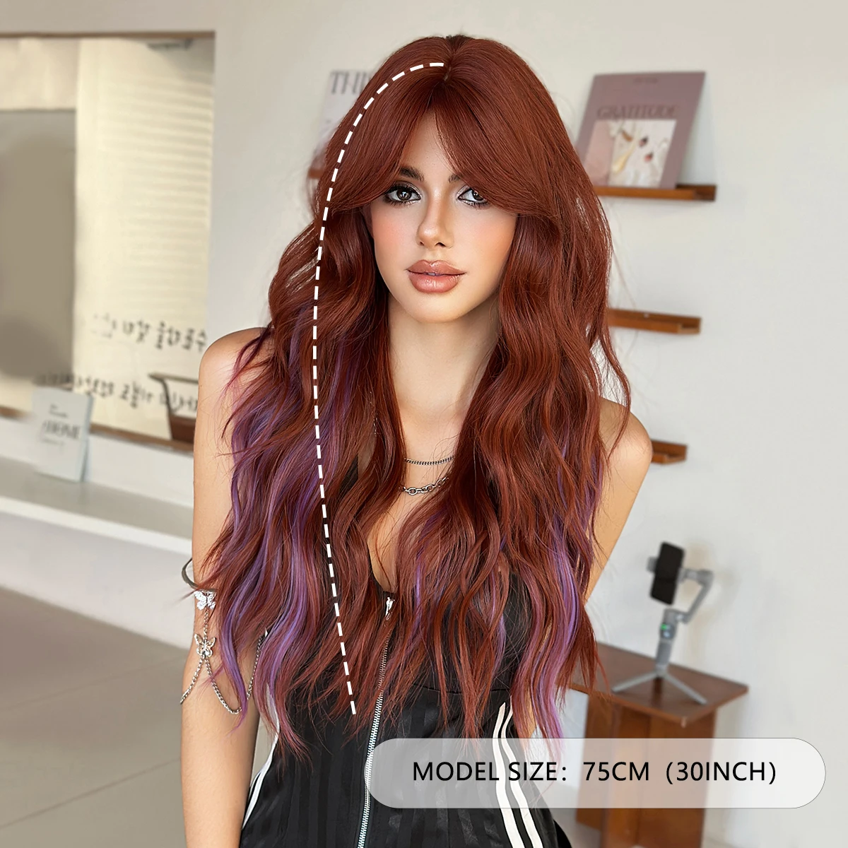 NAMM Halloween Costume Long Wave Orange Hair Wig for Women Highlighted Purple Natural Look Soft High-Quality Synthetic Wig