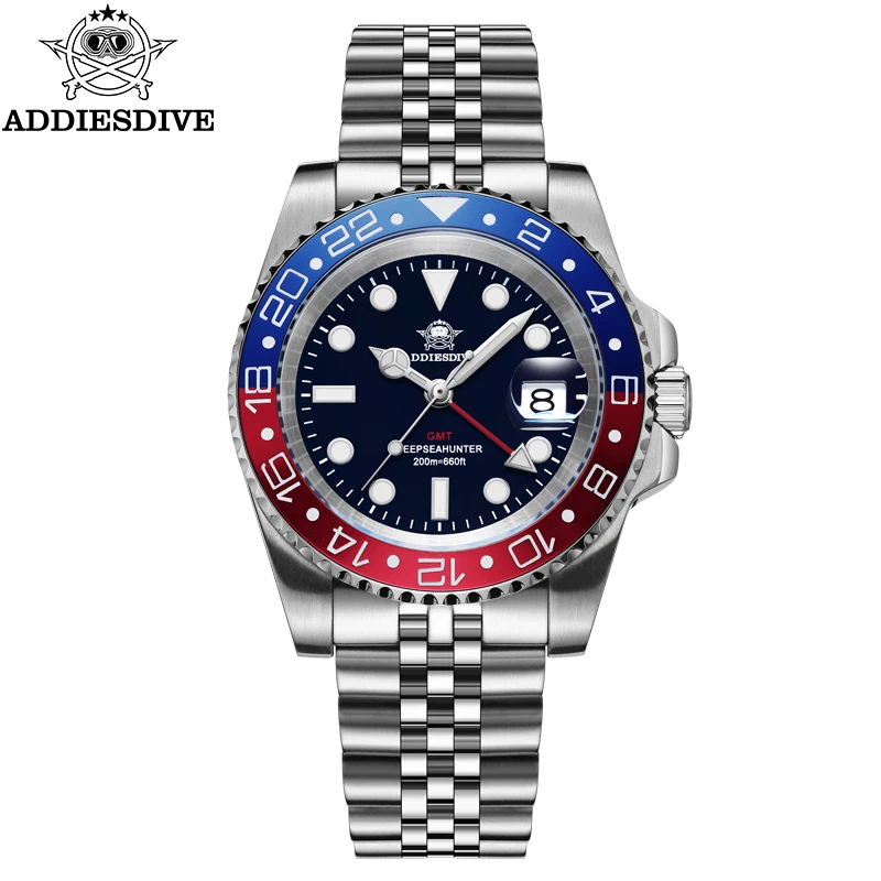 

ADDIESDIVE Top Brand AD2050 Men's GMT Quartz Watch Stainless Steel 200M Diver Watches Relogio Masculino 40MM Luminous Wristwatch