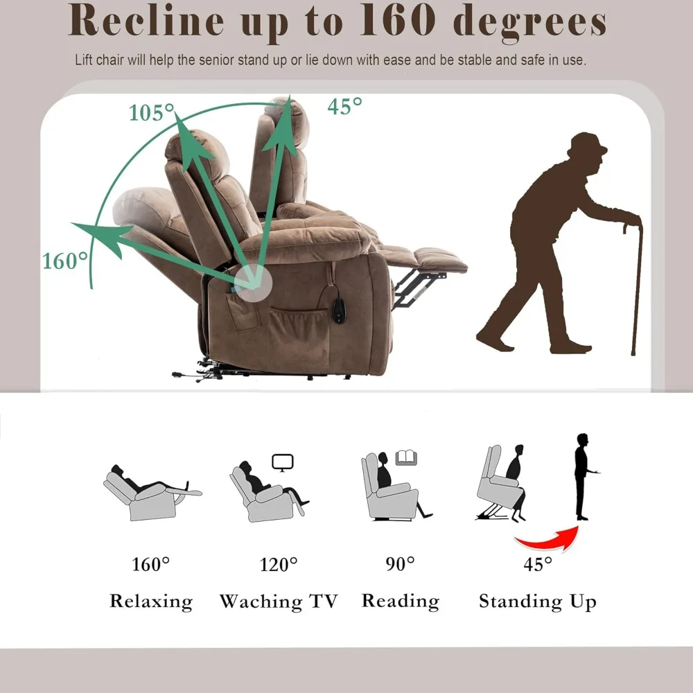 كرسي كرسي رفع الطاقة مع وظائف التدليك والتدفئة، أريكة مخملية مع جهاز تحكم عن بعد وحاملي أكواب #4