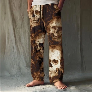 Men Straight Pants Elastic Waist Black White Skull Tie Dye Print Autumn Winter Casual Trousers Men's Clothing