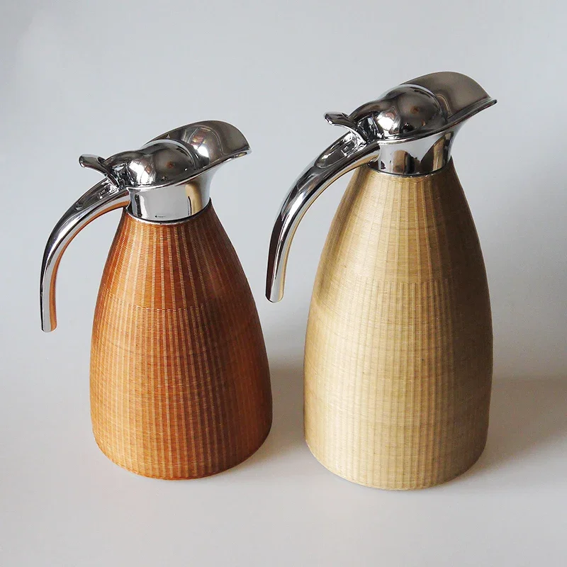 Bottle Tea Set Household Handmade Bamboo Stainless Steel Thermos Flat Bottom Water Weaving  Large Capacity Thermal Kettle