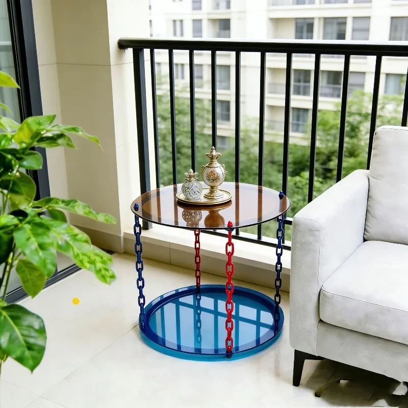 Double Layer Round Acrylic Coffee Table Chain Shape Support Frame Creative Small Accent End Table for Sofa Bedroom