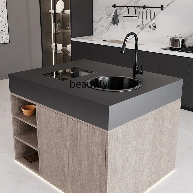 Single island platform head rock slab island table, desk, cooking, sink, water bar collapse