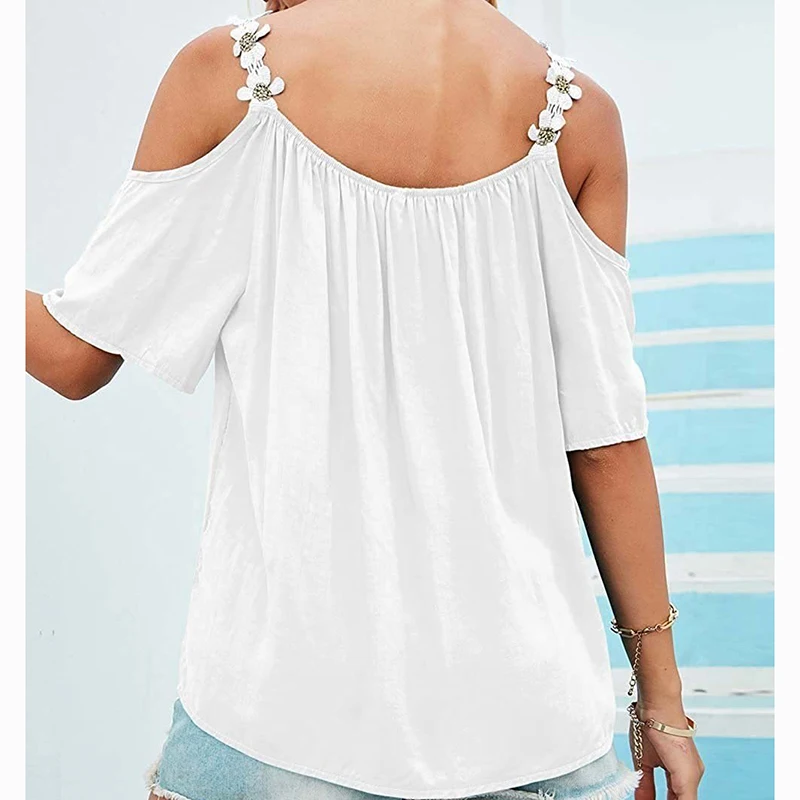 Sexy Off Shoulder Shirt Women 2024 Summer Short Sleeve Fashion Pullover Blouse with Flower Tops Loose White Blouses Blusas 24933