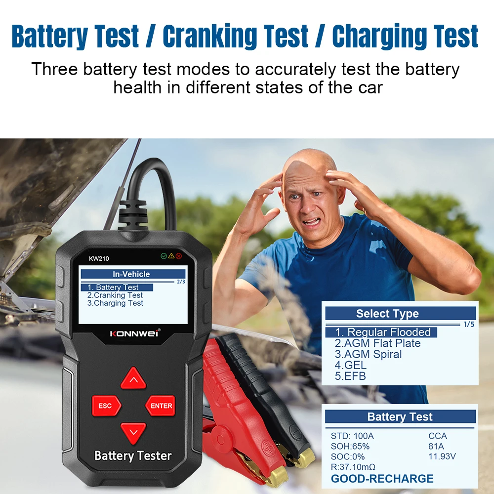 2025 KONNWEI KW210 12V Car Battery Tester Automatic Smart Auto Battery Analyzer 100 To 2000CCA Cranking Car Battery Tester Tool