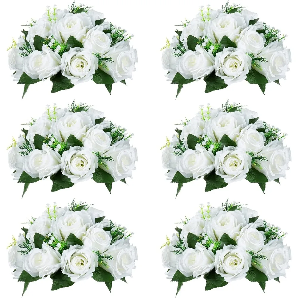 

NUPTIO Pcs of 6 Fake Flower Ball Arrangement Bouquet,15 Heads Plastic Roses with Base, Suitable for Our Store's Wedding