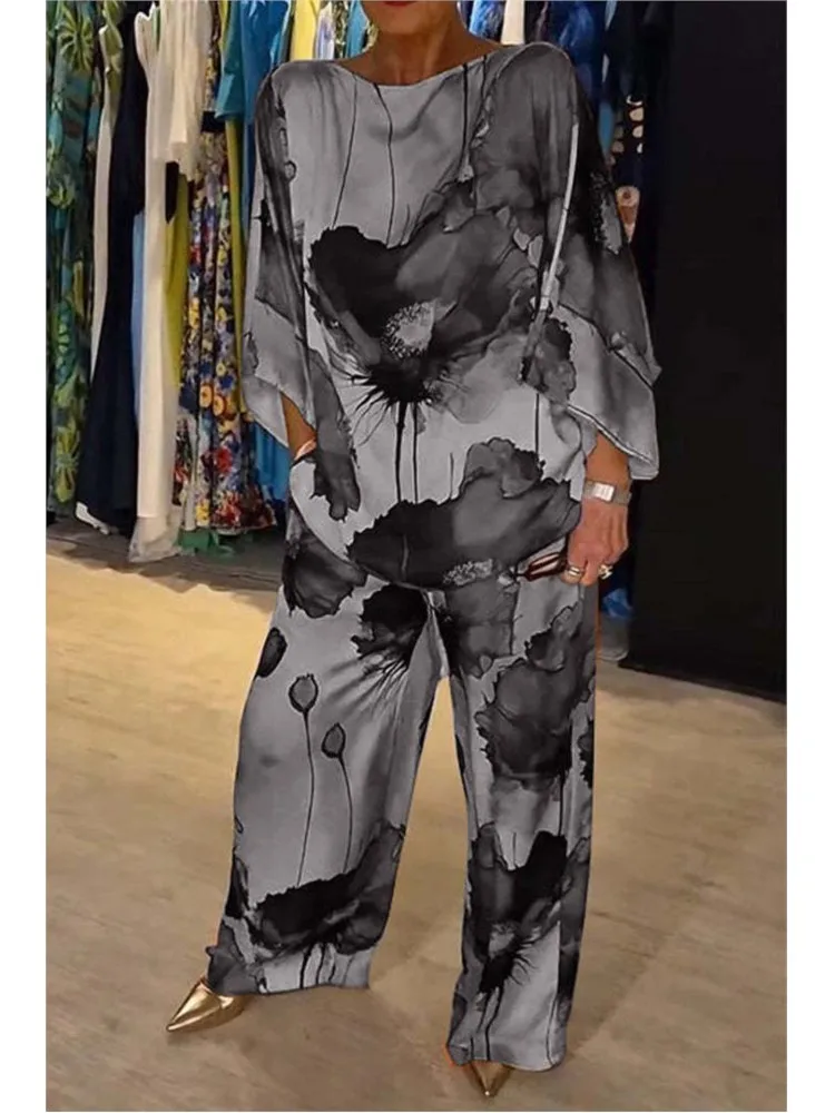 Fashion Satin Random Print Two Piece Set Women Spring Summer Causal Loose Round Neck Top Wide Leg Pants 2 Piece Set outfit Women