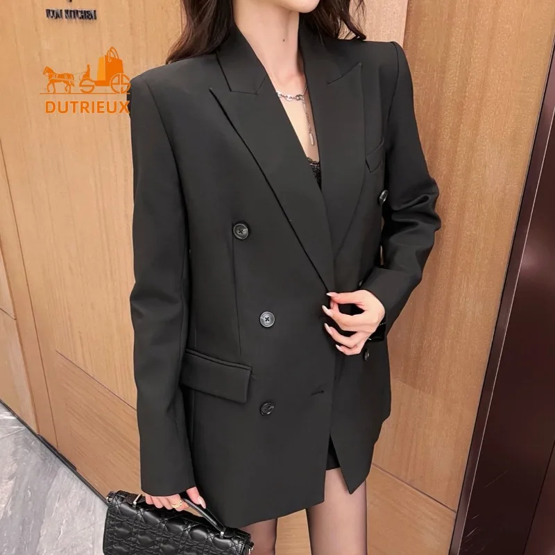 Autumn Winter V-neck Solid Color Double-breasted Suit Jacket,50% Wool and 50% Polyester, Versatile Simple and Fashion Coat Women