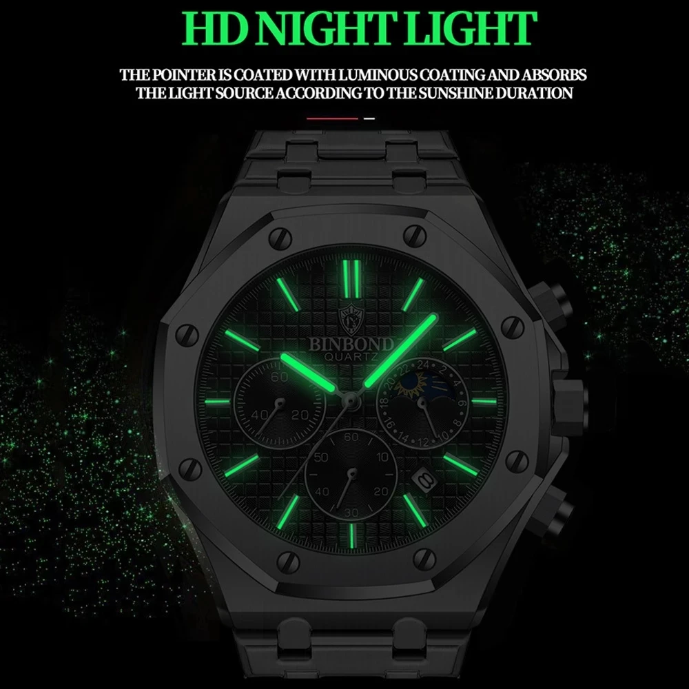 Top Brand Man Casual Watch Luxury Luminous BINBOND B0161 Wristwatch Stainless Steel Waterproof Men Date Calendar Clock