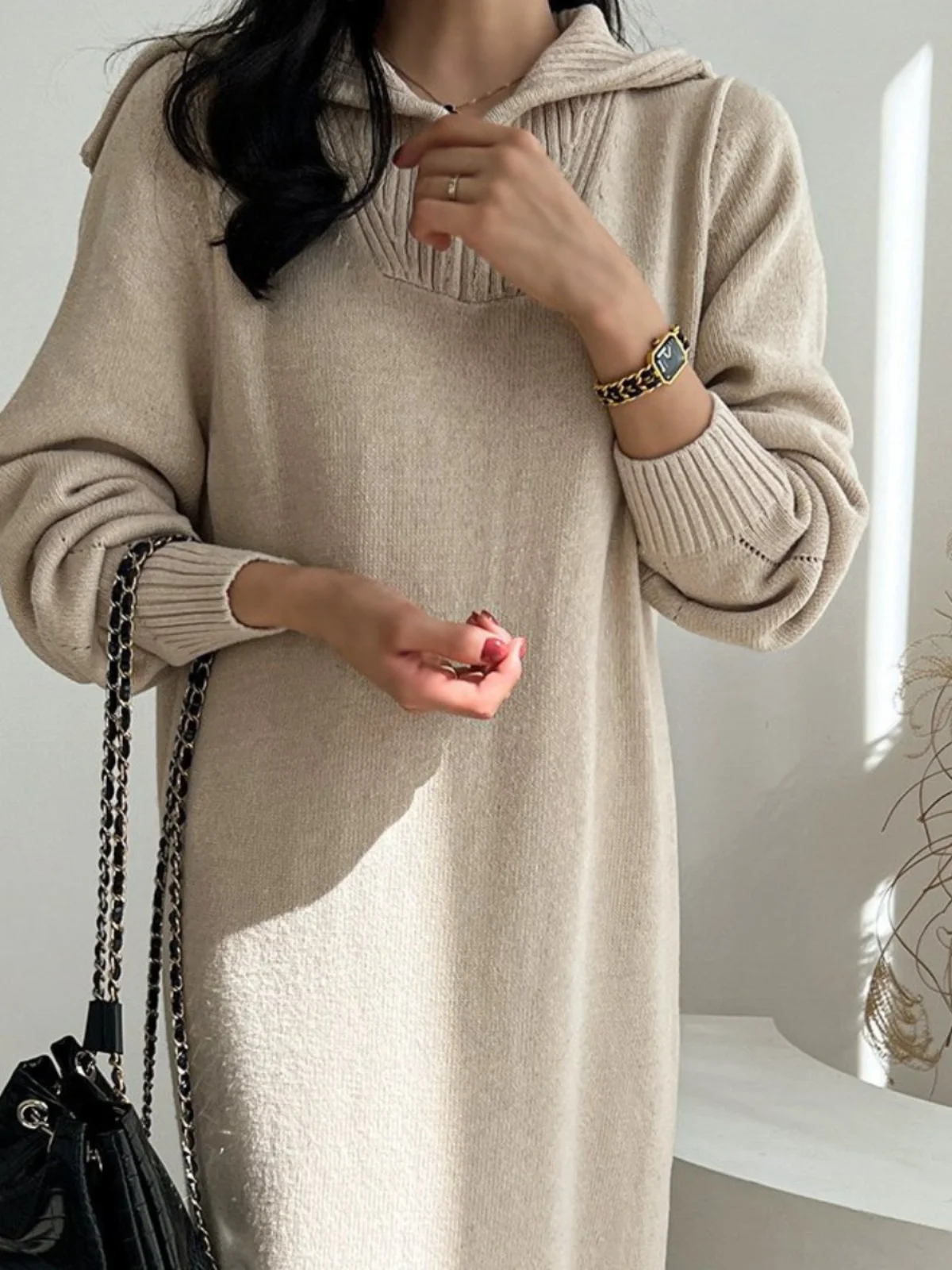 

Spring Knitted Dr Women Chic Faion Lapel Casual Lazy Sle Thi Over-Knee Sweater Long Dr Commute Korean Sle A-Lin...