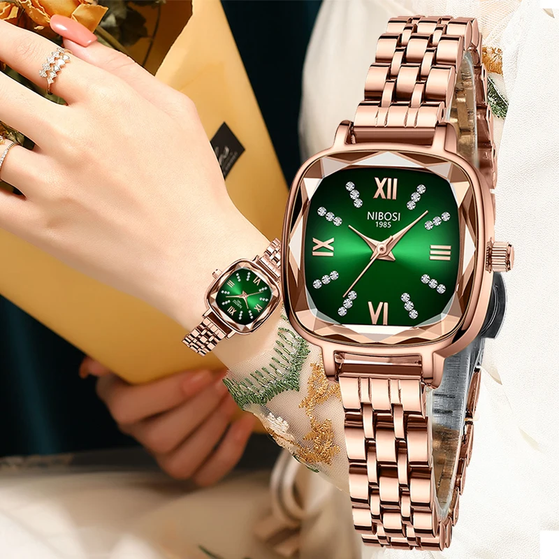 

Brand NIBOSI Women Watches Fashion Square Ladies Quartz Watch Bracelet Set Green Dial Simple Rose Gold Mesh Luxury Women Watches