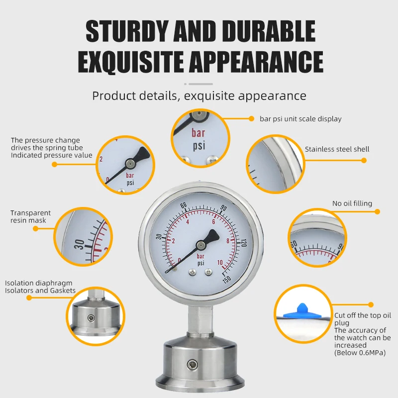 -40-200°C  50.5mm Clamp ConnectionDiaphragm Pressure Gauge Stainless Steel Integrated Sanitary Vacuum Gauge 60mm